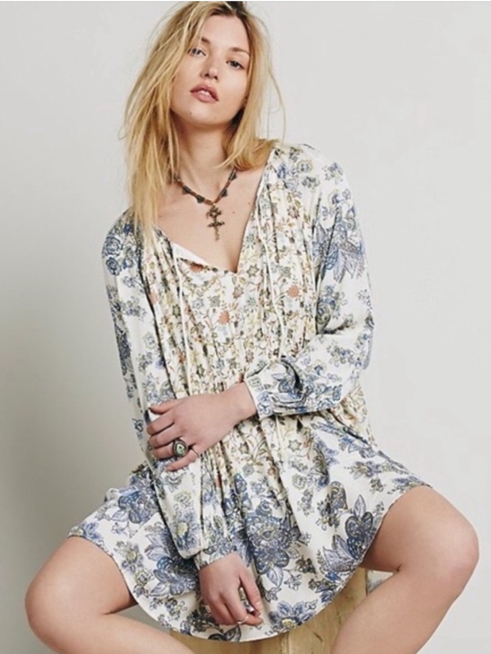 Free People Lucky Loosey Floral Long Sleeves Tie-Front Neckline Mini Dress Sz M
